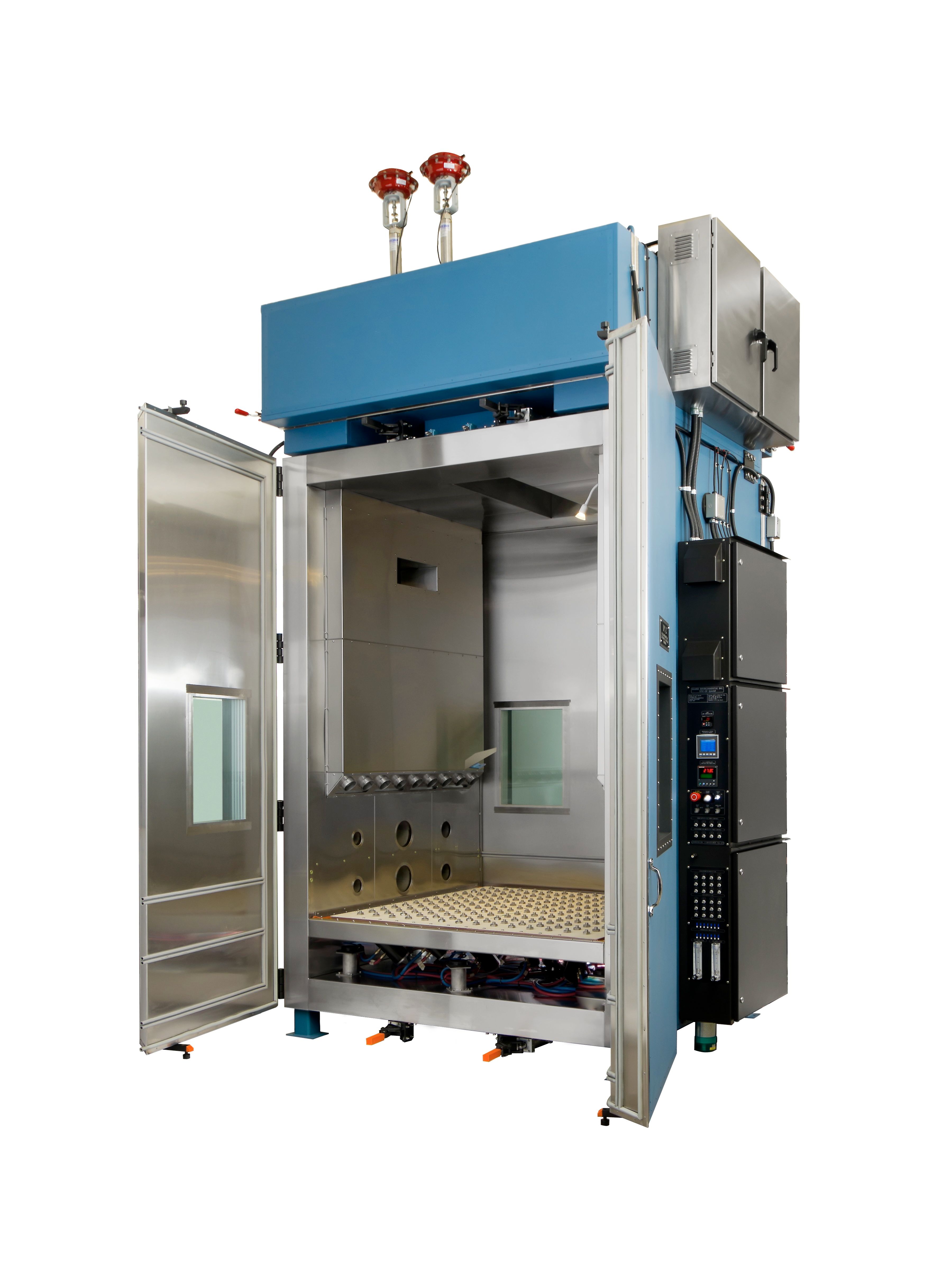 Hanse VTC-25 HALT/HASS chamber with its front doors open, showing the 60 × 60 in vibration table and the workspace